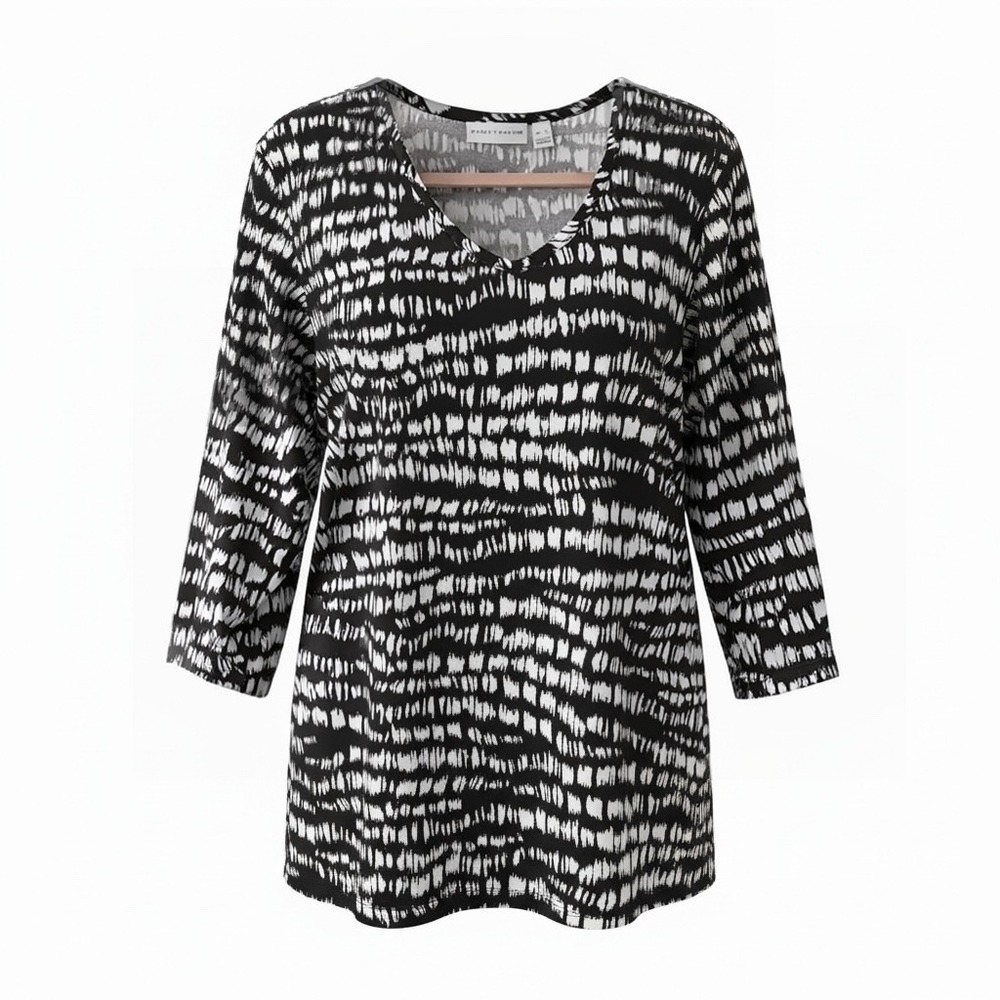 Susan Graver XL Liquid Knit Top Black White Abstract Print V Neck 3/4 Sleeve EUC